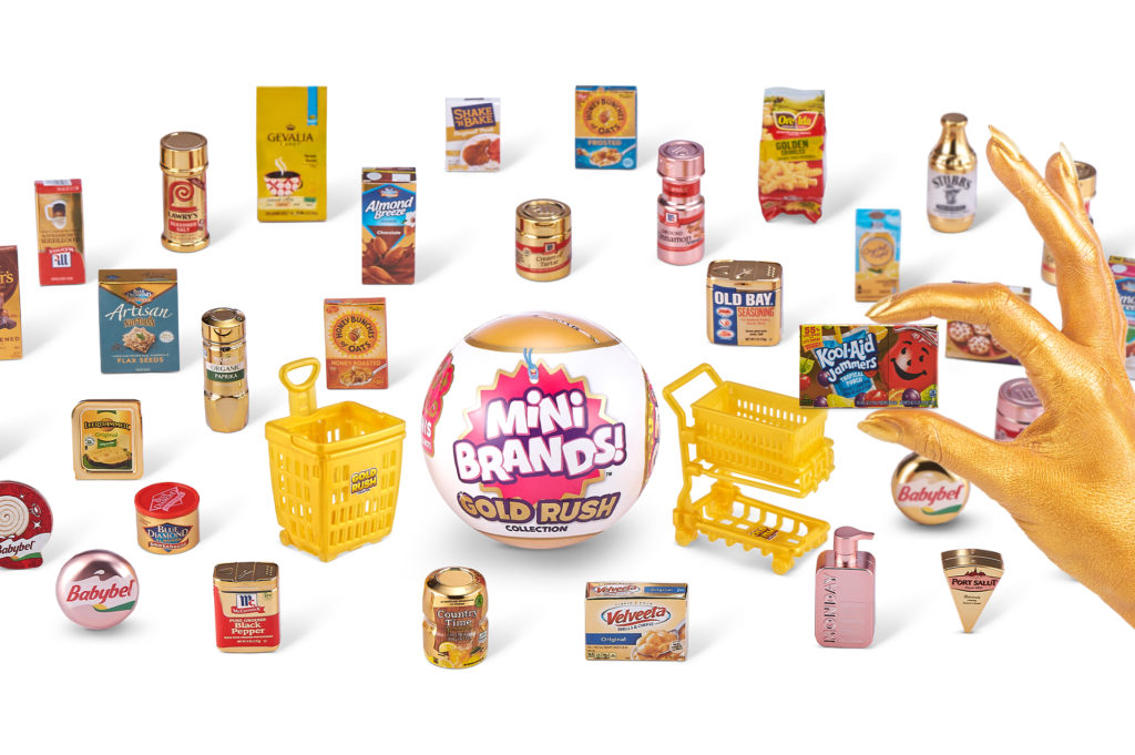 Assorted Mini Brands miniature products laid out for display