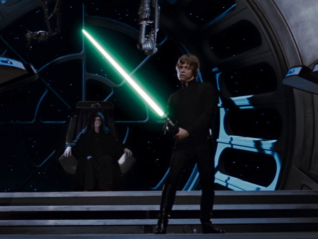 Luke Skywalker confronts Darth Vader in the Emperor’s throne room in Return of the Jedi (1983)