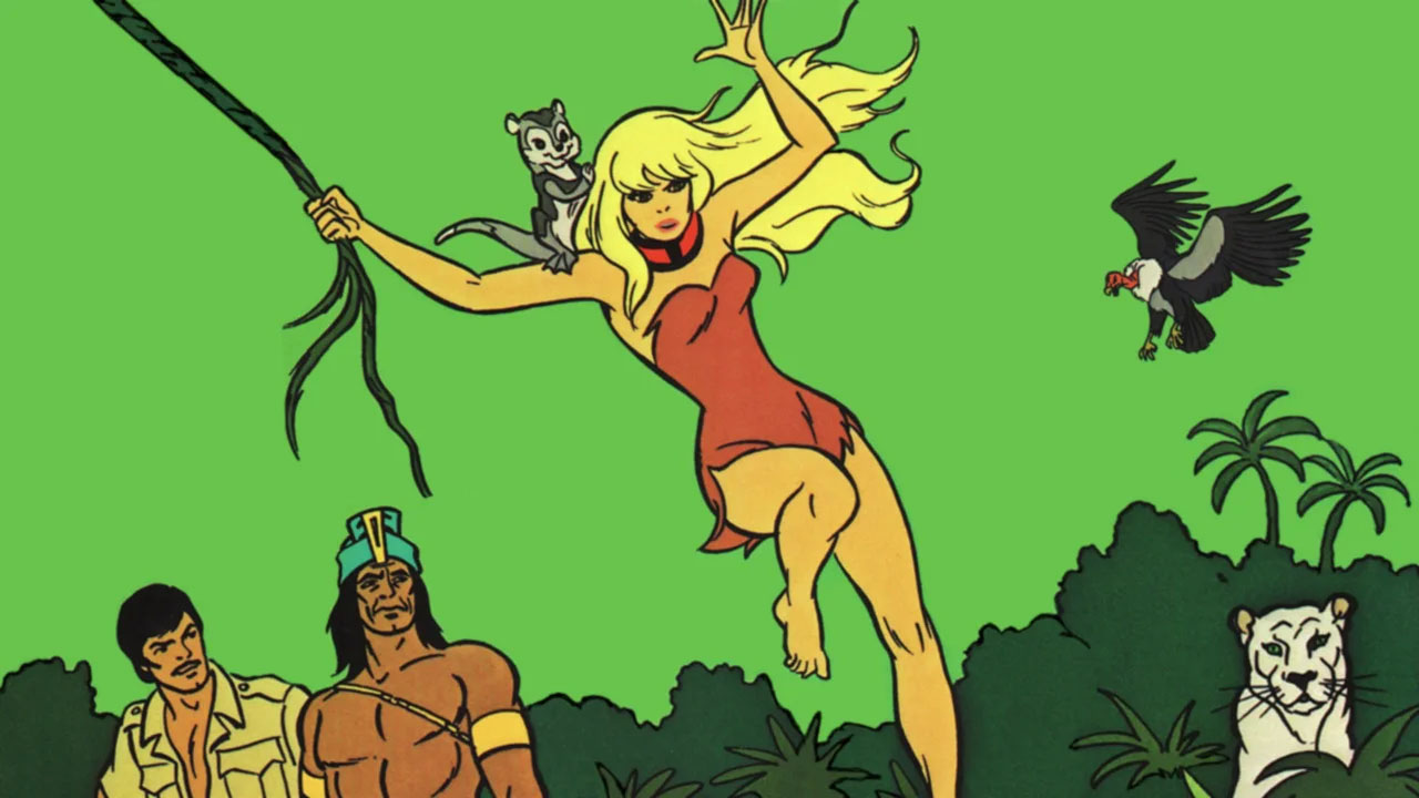 Underrated 70s Cartoon - Jana standing in the jungle with animals - Jana of the Jungle