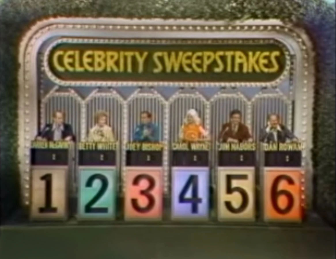Celebrities placing bets on trivia answers in 1970s game show, Celebrity Sweepstakes