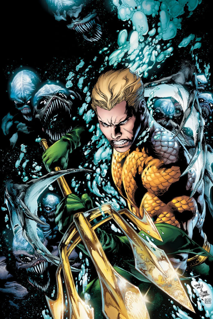Aquaman stands as King of Atlantis wielding the trident