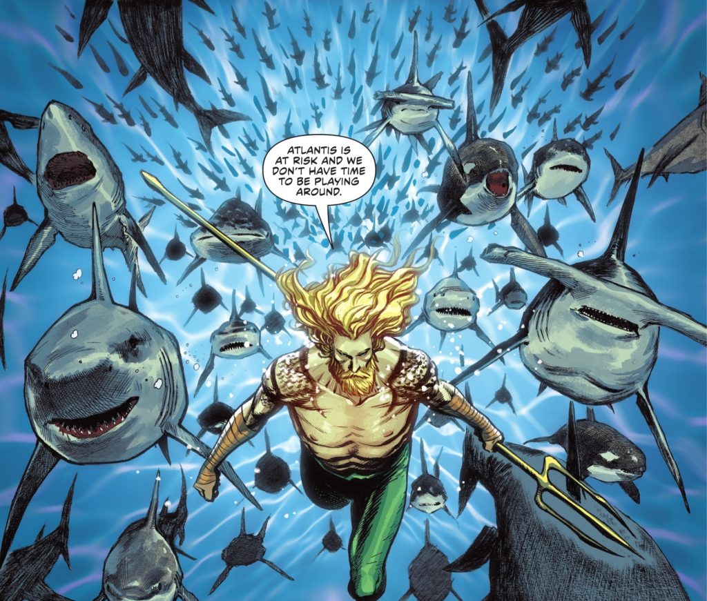 Aquaman telepathically coordinates sea creatures in DC Comics artwork