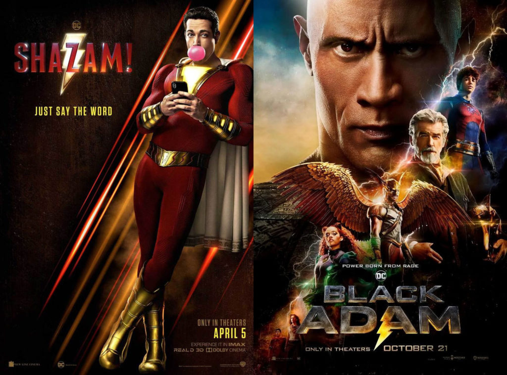 Dwayne Johnson as Black Adam and Zachary Levi as Shazam in movie posters