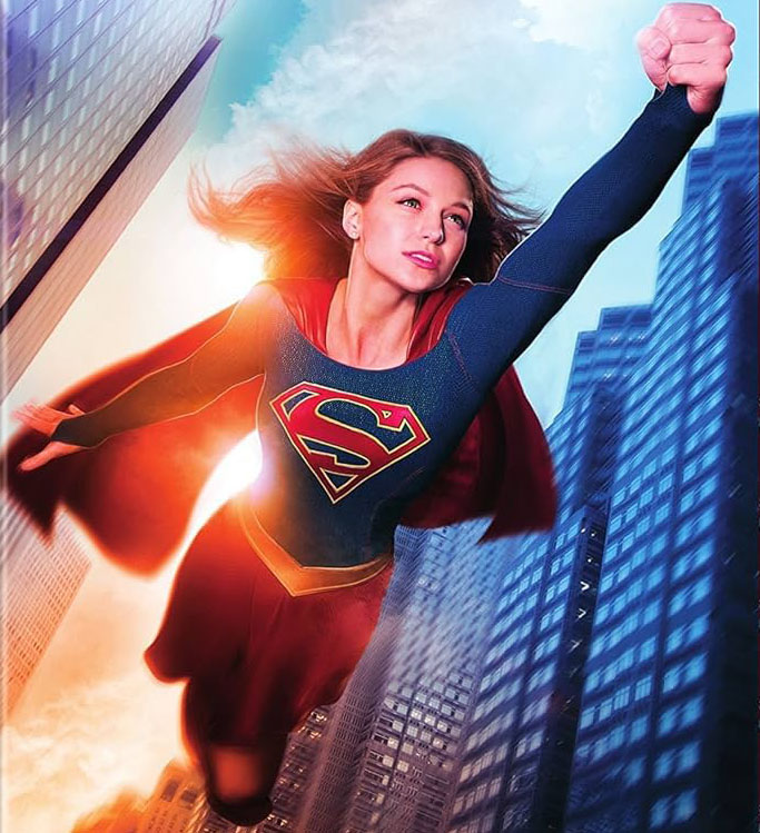 Supergirl flies over National City in the CW series Supergirl