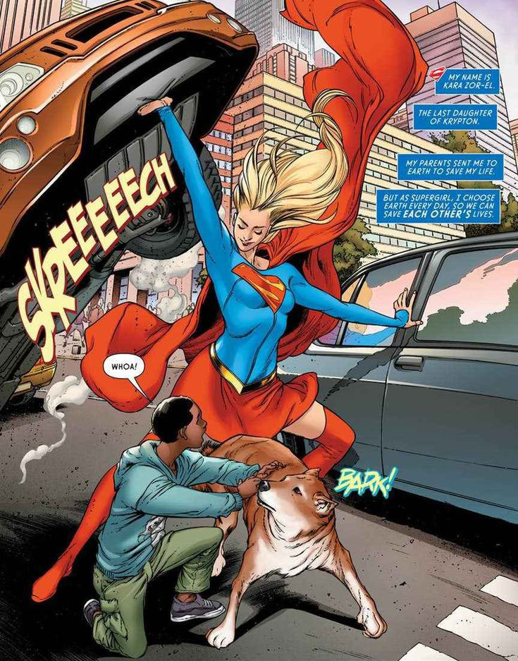 Supergirl lifts a car with ease in DC Comics artwork