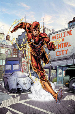 The Flash runs at blinding speed through Central City in DC Comics artwork