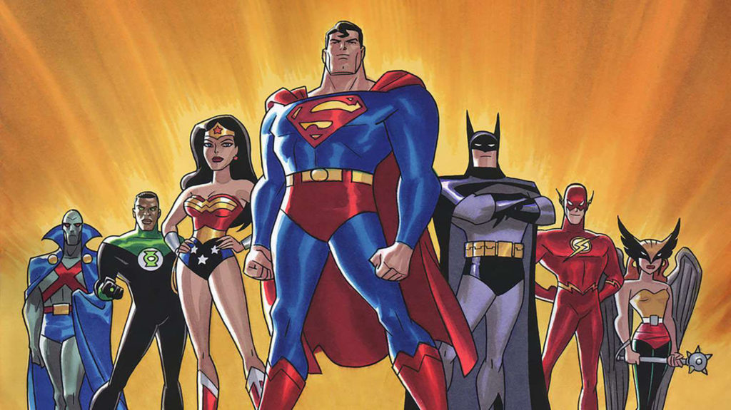 The core Justice League team from the animated series including Batman, Superman, Wonder Woman, and Flash
