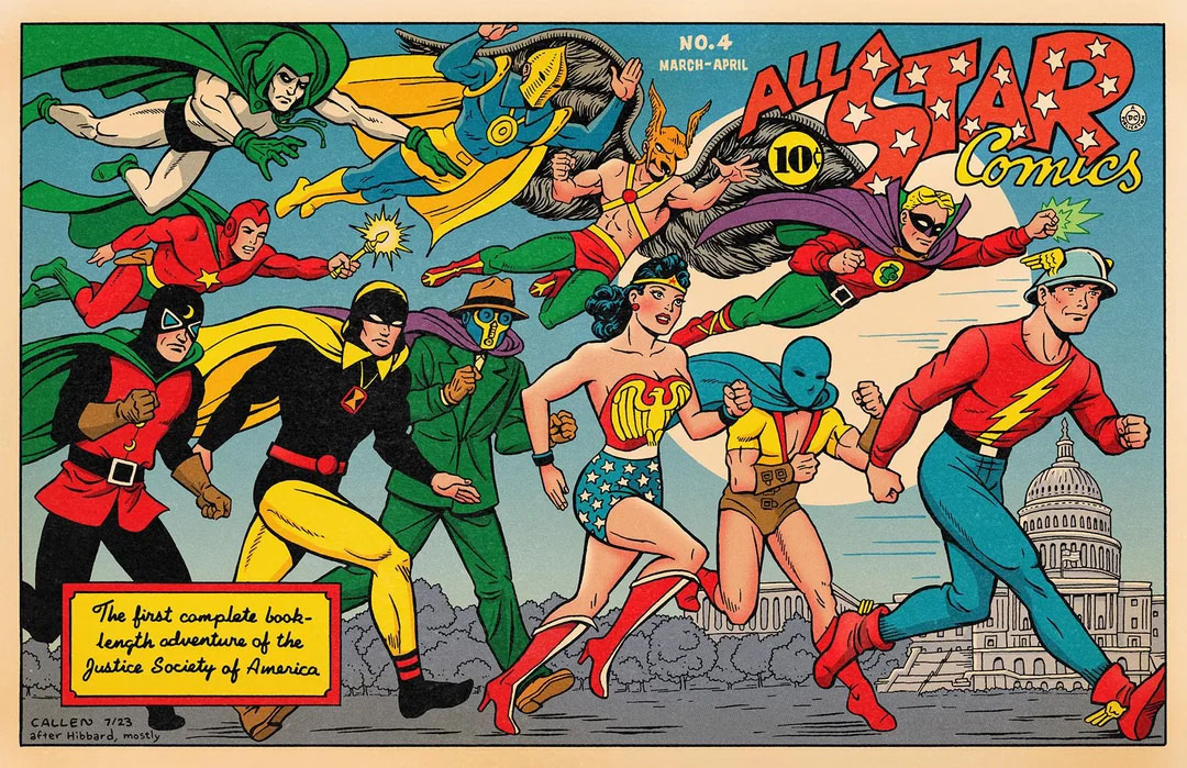 The Justice Society of America in classic Golden Age DC Comics artwork