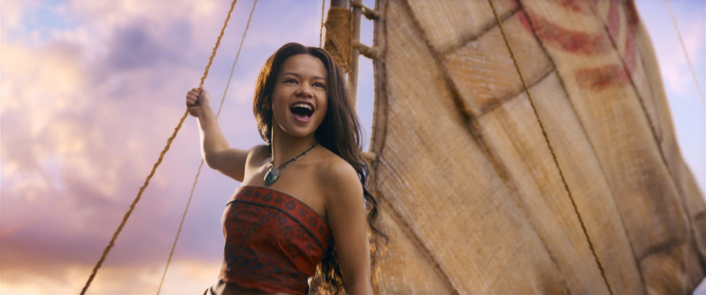 Moana sings as she sails across the ocean in the live-action film