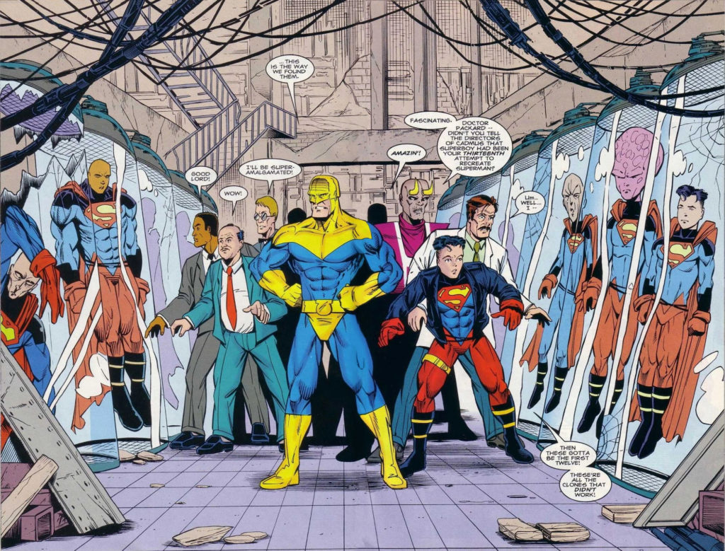 Multiple Superman clones inside a Project Cadmus laboratory in DC Comics artwork