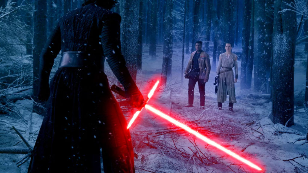 What Is a Legacy Sequel - Kylo Ren confronts Finn and Rey in Star Wars The Force Awakens