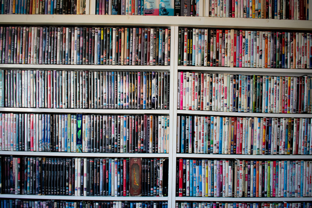 Movie collection on a shelf